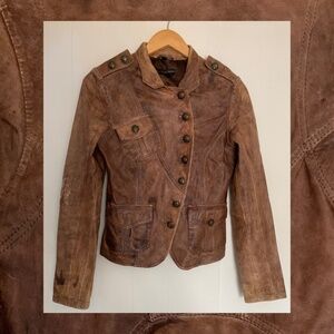 Genuine soft brown leather steampunk jacket with cool design size XS